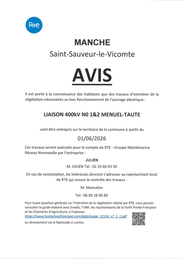 Avis : Travaux d&rsquo;entretien RTE à Saint-Sauveur